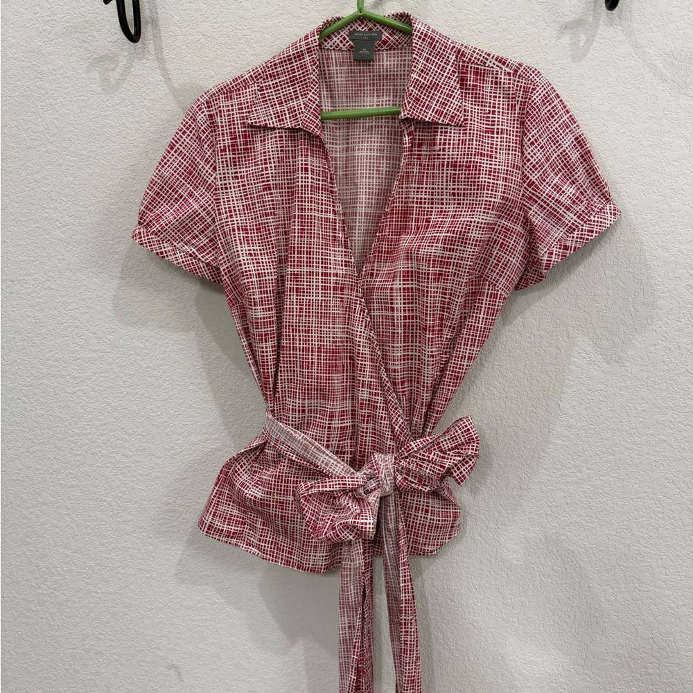 Ann Taylor Red and White Geometric Wrap Blouse